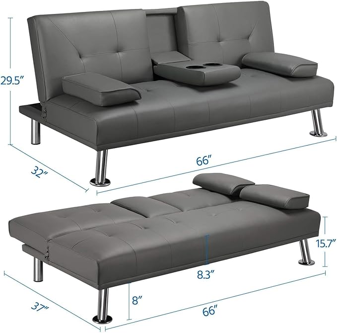 Futon Sofa Bed Modern Folding Couch for Small Space Faux Leather Convertible Loveseat Sleeper Bed Daybed Recliner Lounge Sofas for Living Room2 Cup HoldersMetal LegsRemovable Armrests (Gray)