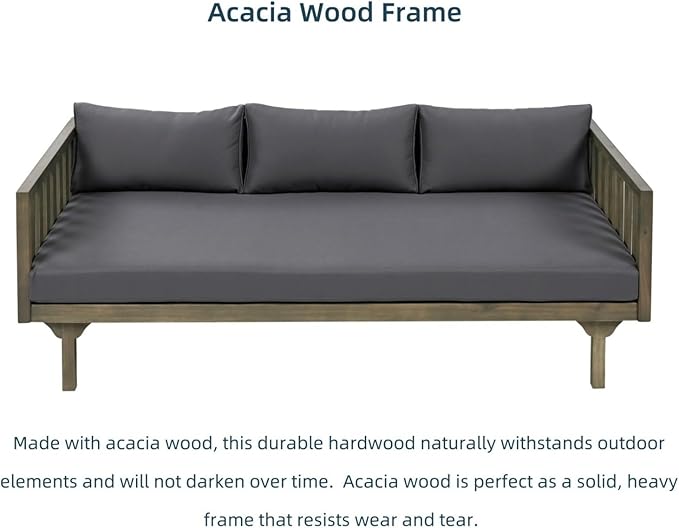 Merax Solid Acacia Wood Couch Chaise Lounge Chair Indoor 3 Seater Daybed Sofa Couches with Cushions &amp Pillow Heavy Frame Day Bed for Living Room Office Outdoor Balcony Patio Water Resistant