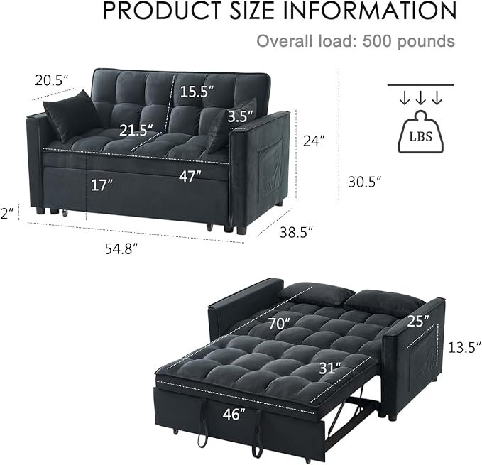 Futon Sofa BedModern 3 in 1 Convertible Sleeper Sofa Pull Out Couch Bed with Adjustable Backrest Storage Pockets and Toss Pillows for Living Room Bedroom (Black)