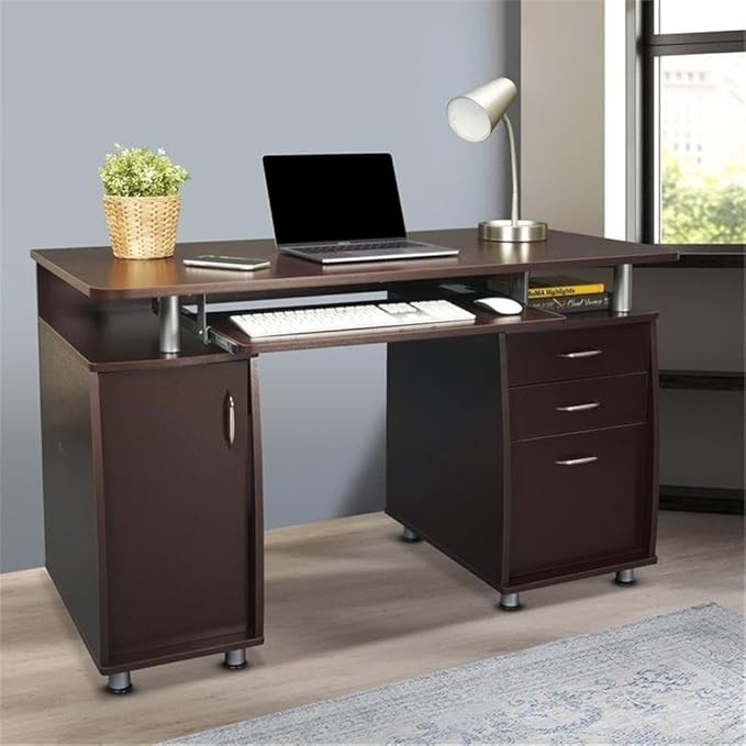 Pemberly Row 48 Wide Home Office Computer Desk in Gray with CPU Storage Cabinet and Hanging File Cabinet Brown