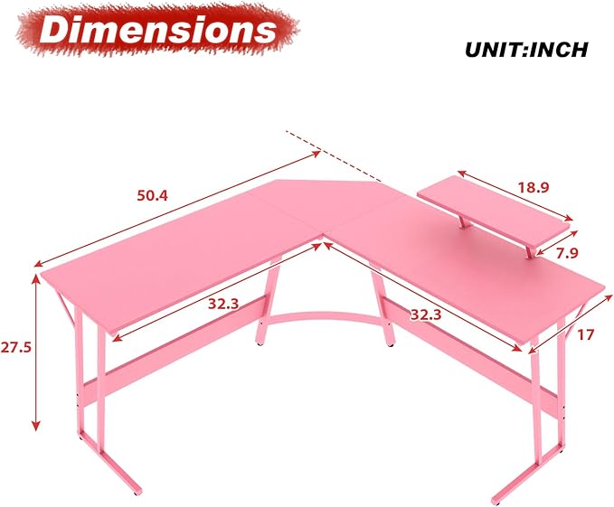 51 inch L Shaped Gaming Desk Computer Desk for Bedroom Brown L shaped Desk for GamingHome Office Desks with Detachable Monitor Stand Corner Desk for Small PlaceLargeCarbon FiberPink desk