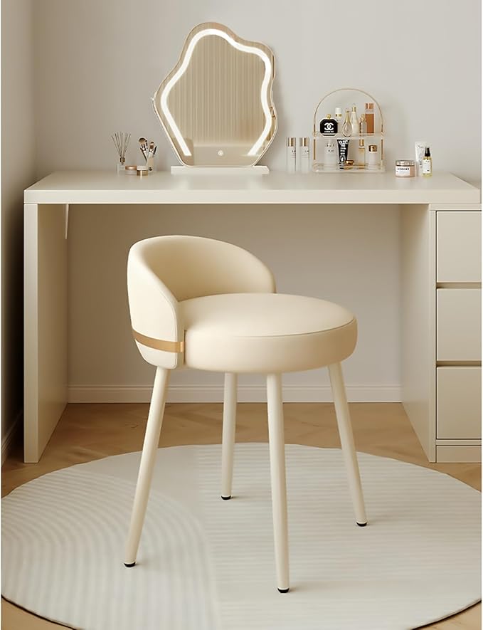 Vanity Chair for WomenComfy Accent Chair with Low Back Swivel White Pu Leather Upholstered Chair Makeup Stool for Bedroom Cloakroom Living Room Beige A