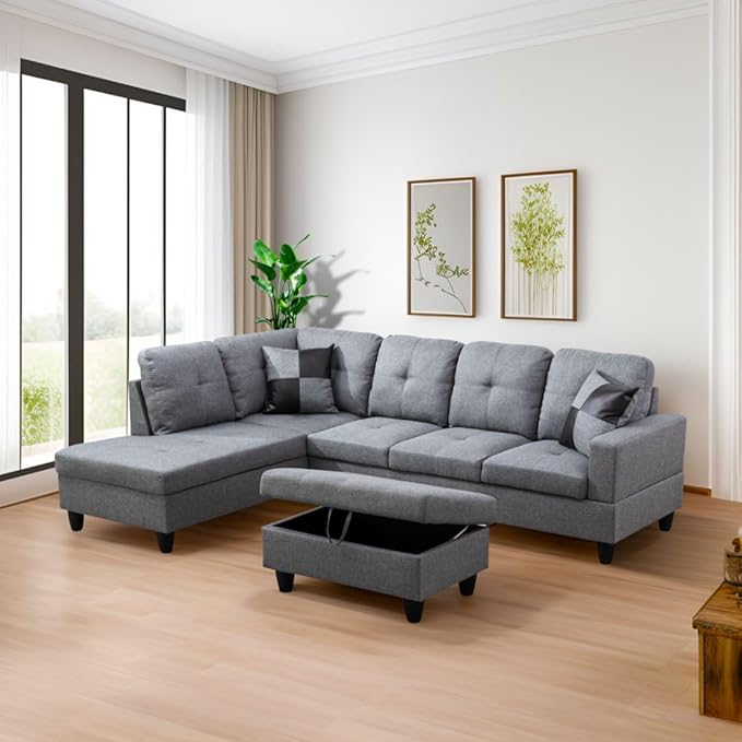 L-Shaped 3-Piece Linen Sofa with Storage Ottoman Set Sectional Couch Sofa Set for Living Room Office Small Space Grey