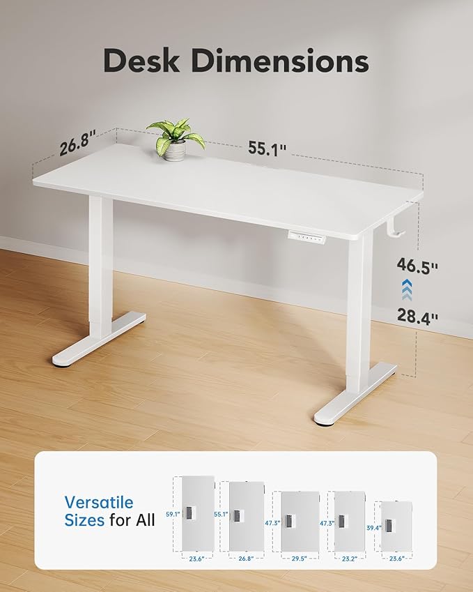 HUANUO Electric Standing Desk Whole Piece Desktop Adjustable Height Computer Desk 4 Height Memory Settings Sit Stand Up Desk for Home Office 55 x 27 White