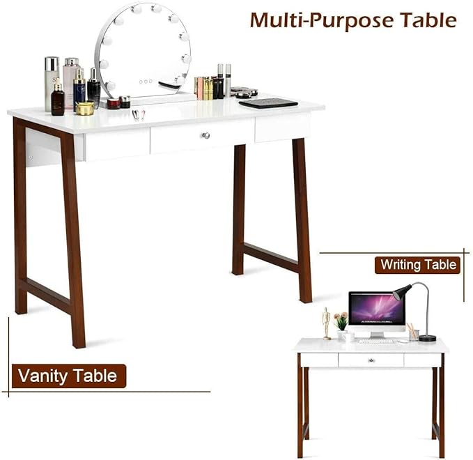 Moccha Writing Desk Computer Laptop Table w/Storage Drawer Solid Wood Frame Makeup Dressing Vanity Desk for Home Large Space Study Table Workstation for Office Sturdy and Durable Easy Assembly