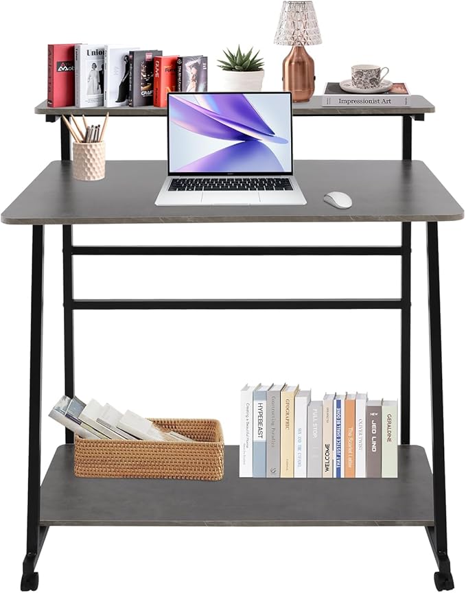 Home Office Desk3 Tier Rolling Computer Desk36inch Modern Home Desk Computer Desk Writing Table with Under Desk Storage Shelves for Home Office Study Bedroom (Black+Grey)