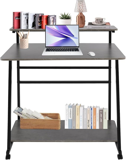 Home Office Desk3 Tier Rolling Computer Desk36inch Modern Home Desk Computer Desk Writing Table with Under Desk Storage Shelves for Home Office Study Bedroom (Black+Grey)