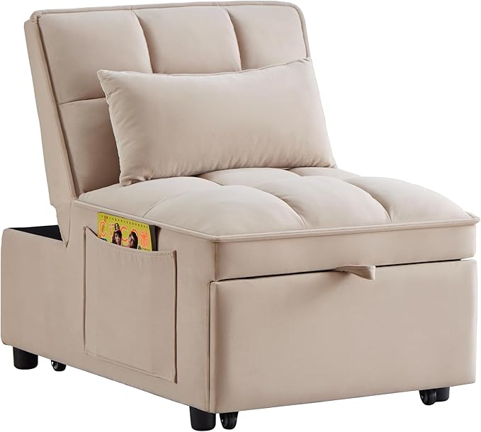 Multi-Function Convertible Single Sleeper Sofa Bed with Storage PocketsVelvet Tufted Pull-Out Couch Bed 4in1 W/Adjustable Backrest &amp PillowsChaise Lounge for Living RoomSmall SpaceTaupe