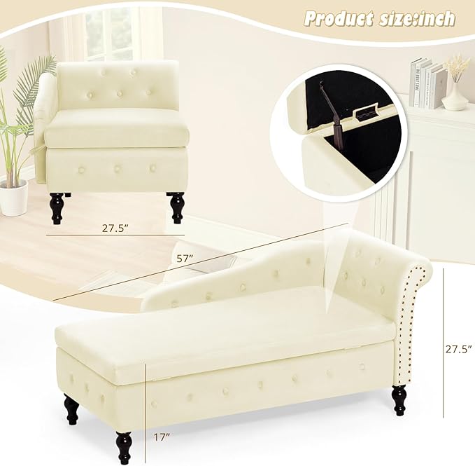 Upholstered Chaise Lounge with Right Armrest &amp Lumbar PillowButton Tufted Lounge Sofa with StorageLounge Chair IndoorModern Velvet Lounge Chair for Bedroom Living Room and OfficeBeige
