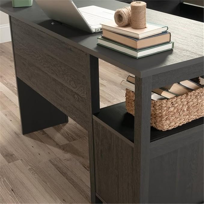 Pemberly Row L-Shaped Engineered Wood Computer Desk Raven Oak Finish 59 in Width File Drawer Cord Management Lower Shelf Finished Sides Home Office Desk for Organization and Storage