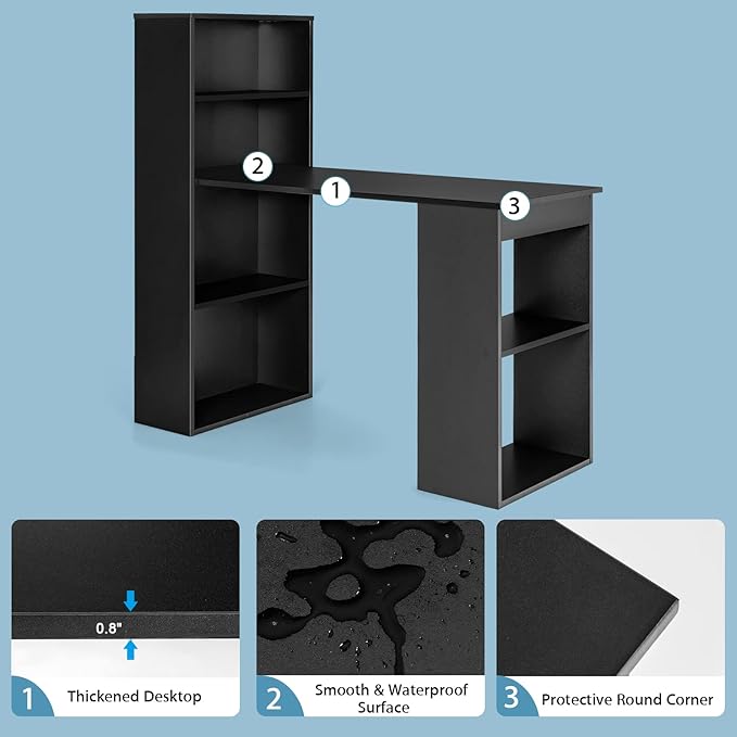 IFANNY Black Computer Desk w/Bookshelf Modern Home Office Desk w/Storage Shelves &amp CPU Stand Space-Saving Design Compact Corner Computer Workstation for Small Spaces