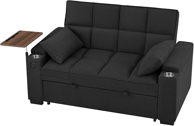 Eafurn Convertible Sleeper Sofa Bed with 360° Swivel Table &amp USB Ports Tufted Chenille Loveseat Pull-Out Couch with Storage Armrest &amp Cup Holders 6-Level Adjustable Backrest