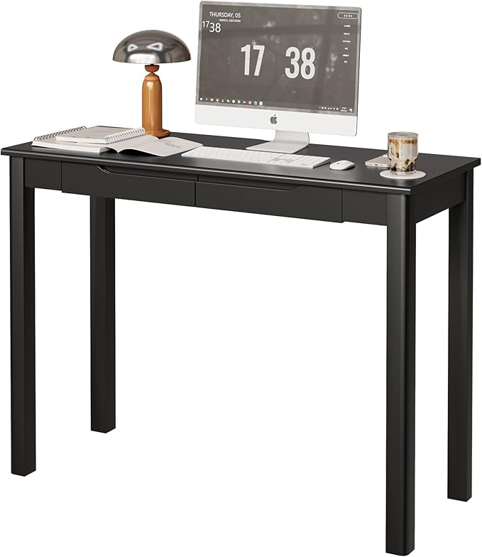 Solid Wood Desk with Drawers - 39 x 16 Inch Simple Narrow Desks Modern Computer Desks Rubber Wood Study Table Small Writing Desk for Bedroom|Small Spaces - Black