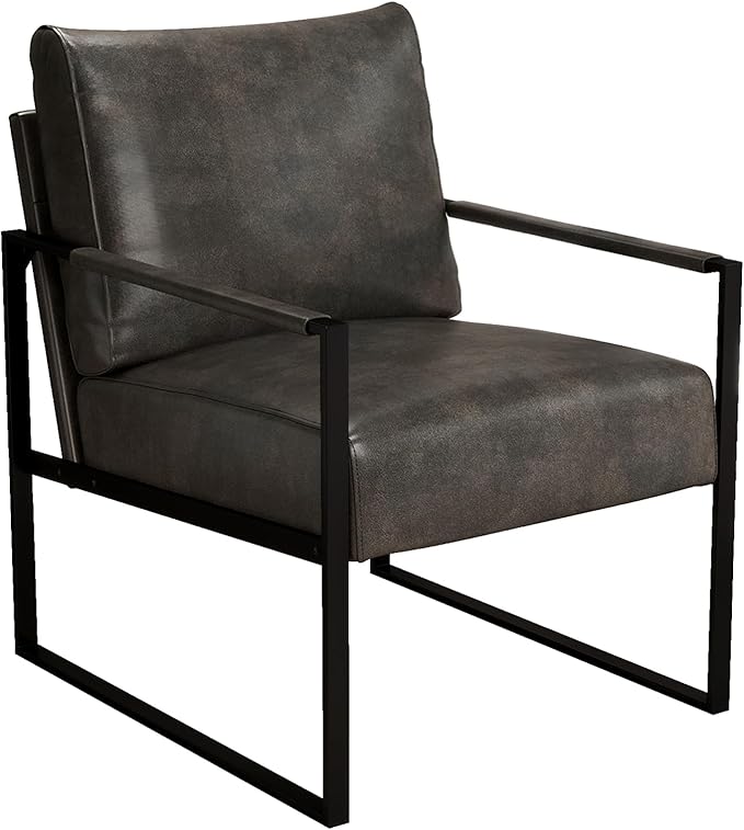 Leather Accent Chair Set of 1 Metal Framed Armchair with Extra Soft Backrest and Cushion Mid Century Modern Chair with Sturdy Structure Modern Arm Chair for Living Room/Office/Bedroom Dark Grey