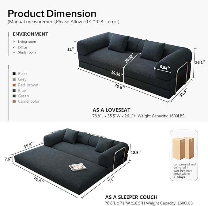 78.8 Modular Sofa Bed - 4-in-1 Convertible Design with Corduroy Fabric and High Density Sponge Removable Cover and Fixed Frame