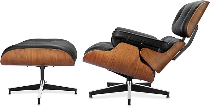Top Black Grain Leather Mid Century Chaise Lounge Chair and Ottoman Modern Chair Classic Design Walnut Wood Heavy Duty Base Support for Living Room Office