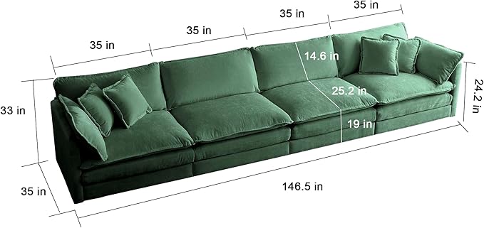 146.5 Modular Sectional Sofa 5 Seater L-Shaped Sectional with Ottoman and Pillows Modern Minimalist Soft Sofa &amp Couch for Living RoomGreen