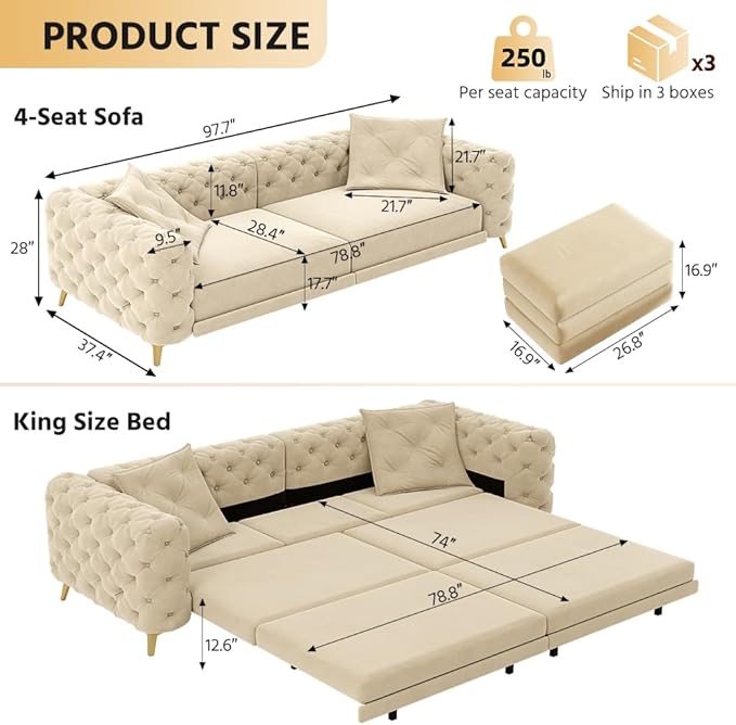 97.7'' Pull Out Sofa Bed King Chesterfield Velvet Sleeper Sofa Convertible L-Shaped Futon Couch Tufted Back Ottoman Deep Seat Loveseat Couches for Living Room Apartment Honey Beige