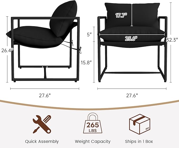 Modern Accent Chair with Arms Comfortable Living Room Seating Square Metal Frame Soft Upholstered Cushion Sponge Filling Easy to Assemble Set of 2 Black