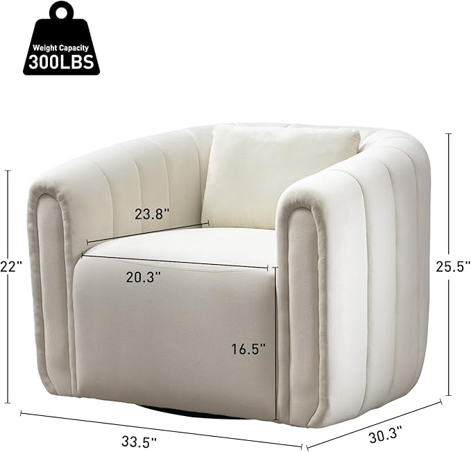 Bonzy Home Swivel Barrel Chair Modern Velvet Swivel Accent Chair with Channel Tufting Soft Upholstered Armchair for Living Room Bedroom Office (White 1 Pack)