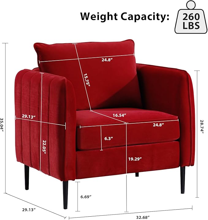 Modern Velvet Accent Chair Single Sofa Chairs Armchair with Square Arm Upholstered Accent Chairs for Living Room Bedroom Apartment (Burgundy Chair)