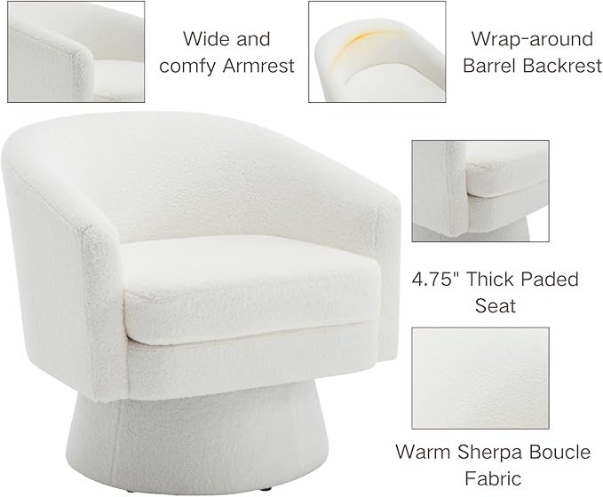 Modern White Swivel Accent Chair Set of 2 Upholstered Sherpa Barrel Chair Boucle Vanity Reading Chair Cozy Round Single Sofa Arm Chair Club Side Chairs for Bedroom/Waiting/Living Room