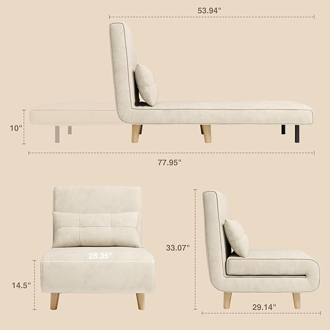 Aiho Futon Sofa Bed 3-in-1 Convertible Sleeper Chair Bed Futon Chair with 6-Level Adjustable Backrest and Pillow for Guest Room Apartment Dorm Velvet Beige