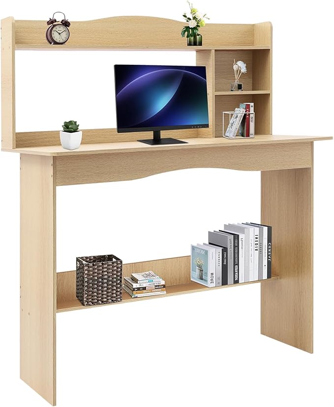 Home Office Desk with Bookshelf Writing Study Desk with Hutch Modern Computer Workstation PC Laptop Desk for Small Space Bedroom Study Rooms Children's RoomsWood Color