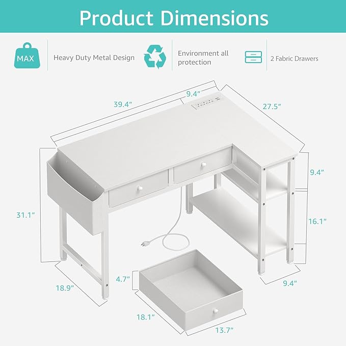 DLisiting Small White L Shaped Desk with Drawers &amp Storage Shelves 40 Inch Corner Desk with Power Outlet for Small Space Home Office Study Work PC Desks for Bedroom