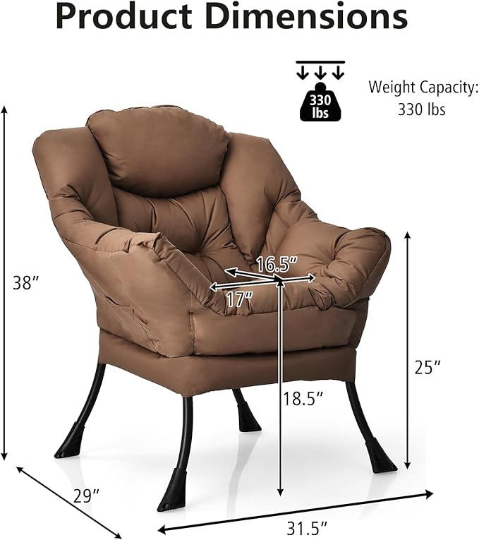 Giantex Modern Lazy Chair Accent Contemporary Lounge Chair Polyester Fabric w/Steel Frame Upholstered Single Sofa Chair w/Armrests &amp Side Pocket Leisure Sofa Chair (Brown)