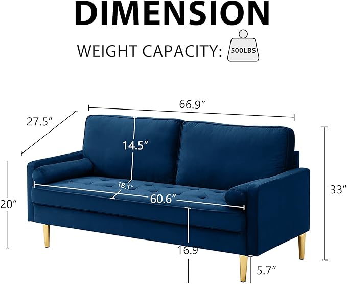 SZLIZCCC 67 LoveSeat Sofa Love Seat Couch Mid Century Modern Couchs Velvet Fabric Pull Dot Design Sofas with Two Round Pillows for Small Spaces Living Room Dorm Bedroom Apartment (67 Navy)