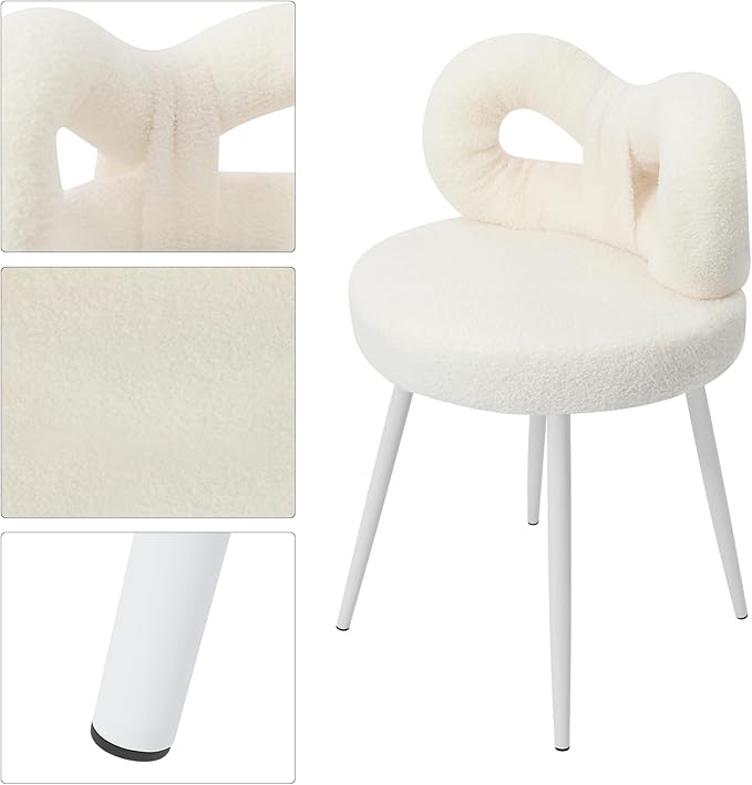 Girls Desk Chair | No Wheels Make up Vanity Chair w/Cute Bow Backrest Comfy Lambswool Fabric Makeup Chair for Bedroom Living Room Upholstered Accent Chair Desk Chair Stool for Girls (White)