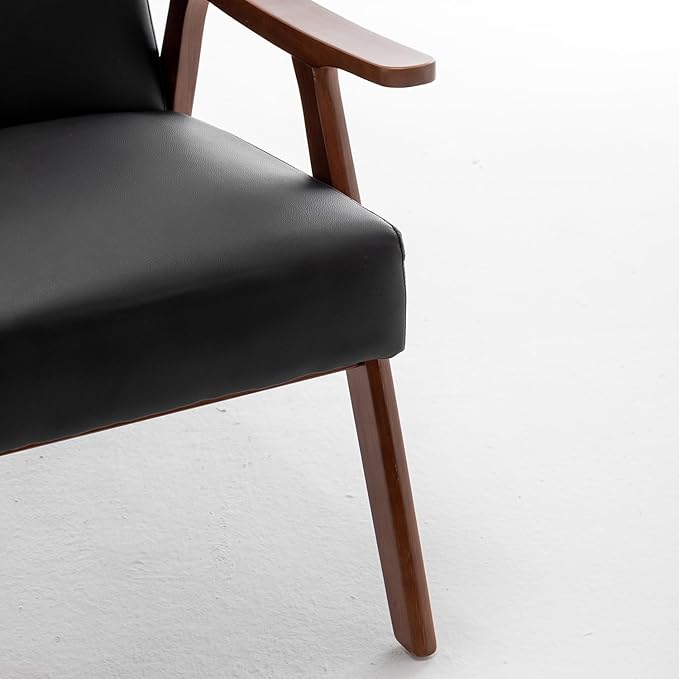 Mid Century Modern Accent Chair with Solid Wood Frame Armchairs with Faux Leather for Bedroom Reading Room Living Room and Lounge Black