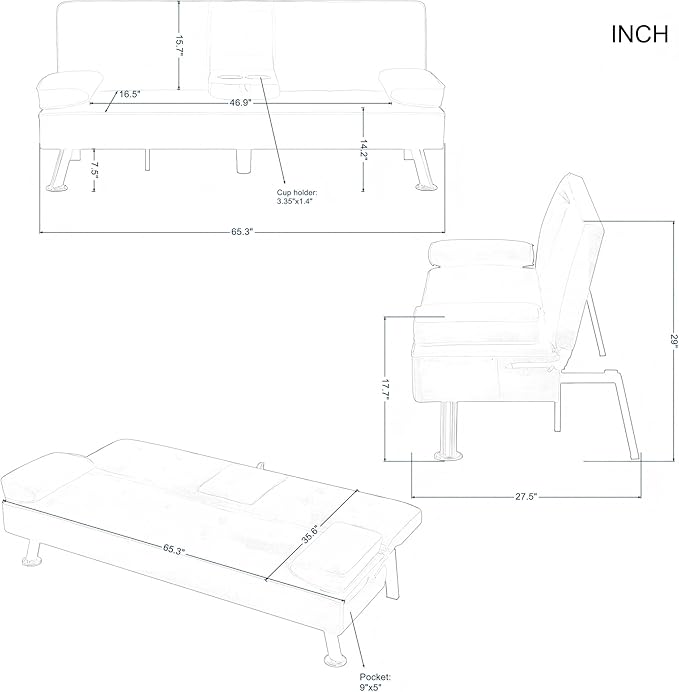 Anwick Convertible Folding Futon Sofa BedModern PU Leather Sleeper Love Seat with 3 Reclining Backrest &amp Cup Holders67 Comfy Sofa Couches for Living Room Small Home Office (Black)