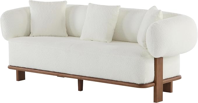 Christopher Knight Home Yule Living Room Wooden 3-Seater SofaBoucle Fabric Upholstered Lounge Sofa CouchHome Office/Bedroom Sofa Chair with Accent PillowComfy Reading Cloud SofaMilky White + Brown