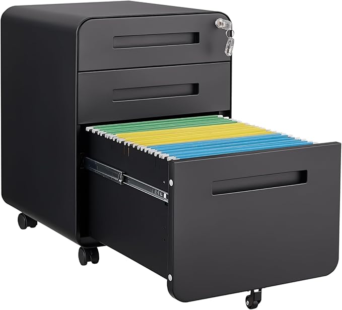 GarveeHome 3 Drawer Mobile File Cabinet with Lock Under Desk Metal Filing Cabinet for Home Office Under Desk Storage with 5 Wheels for A4/Letter/Legal Size Fully Assembled