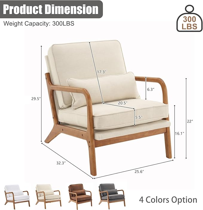 Mid Century Modern Accent Chair with Wood Frame Upholstered Lounge Linen Fabric Armchair Comfy Reading Leisure Chair with Cushion for Living Room Bedroom Balcony Beige