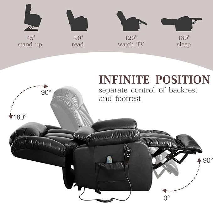 Infinite Position Lay Flat Lift Recliner Chair for Adults Dual Motor Power Lift Chair for Elderly with Massage &amp Heating Extended Footrest USB Ports Remote Control &amp Lumbar Pillow Leather