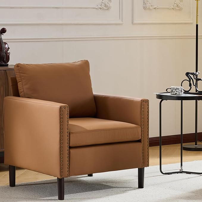 Sepnine Modern Accent Chair Mid-Century Faux Leather Armchair for Living Room Comfy Upholstered Club Chair Sofa Chair with Decorative Rivet Accents for Bedroom Reading Room (Brown 1 Pack)