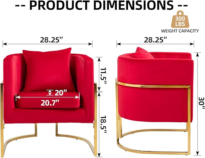 X-VOLSPORT Velvet Accent Barrel Chairs Set of 2 Modern Arm Club Chair Set with Pillow for Living Room/Bedroom/Guest Reception Channel Tufted Gold Finish Base Red