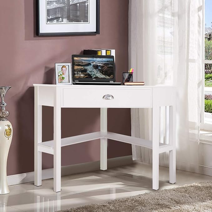 HOMGX Corner Desk With Storage Drawer and Shelves - Writing and Study Computer Workstation for Home Office White