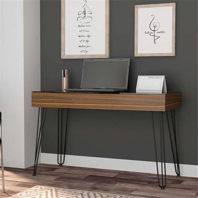 Atlin Designs Modern Wood Desk 47.2 W x 19.6 D Glass Top Mahogany Finish Abstract Steel Legs Industrial Style Spacious Drawer Home Office Desk for Small Spaces or Versatile Use