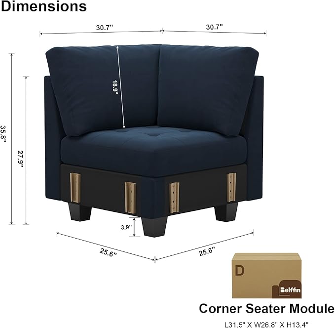 Belffin Velvet Corner Seat Module for Modular Sectional Sofa Couch Corner Sofa Couch Chair Blue