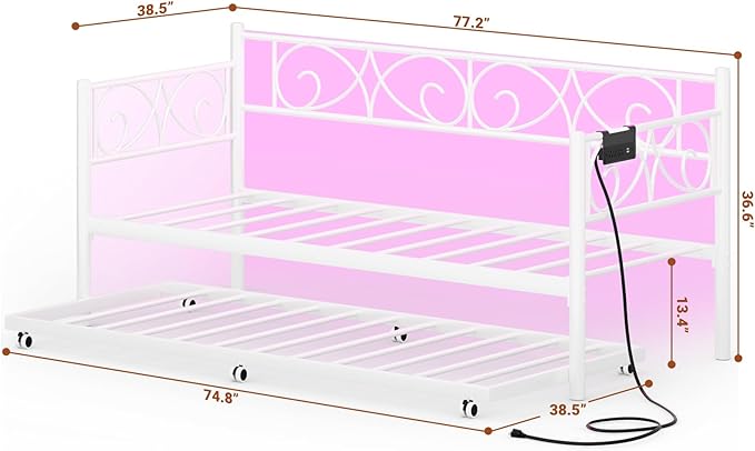 Unikito Daybed with Trundle Bed Twin Bed Frame with Charging Station and LED Lights Metal Sofa Day Bed with Pop Up Trundle and Steel Slat Support for Living Room Bedroom and Guest Room White