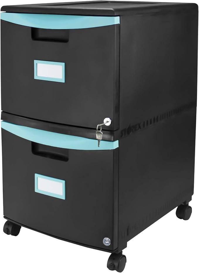 Storex Two-Drawer Mobile Filing Cabinet 2 Legal/letter-Size File Drawers Black/teal 14.75 X 18.25 X 26