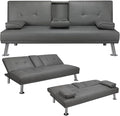Futon Sofa Bed Modern Folding Couch for Small Space Faux Leather Convertible Loveseat Sleeper Bed Daybed Recliner Lounge Sofas for Living Room2 Cup HoldersMetal LegsRemovable Armrests (Gray)