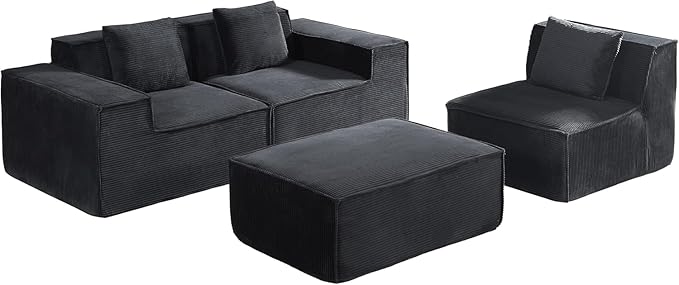 Harper Convertible Corduroy Sectional Couch with Ottoman &amp Pillows Modular L Shaped Sleeper Sofa Boneless Cloud Couch for Living Room Furniture Black