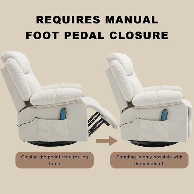 Swivel Rocker Massage Recliner Chair with Heat Overstuffed Fabric Rocking Recliners Single Sofa for Adult Manual Reclining Recliners Home Theater Lounge Chairs for Living RoomWhite