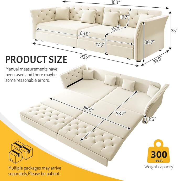 100 King Size Sleeper Sofa Bed 3-in-1 Convertible Pull Out Chesterfield Sleeper Couch Oversized Velvet Flower Button Tufted 4-Seat Sofa for Living Room Apartment (Beige White)