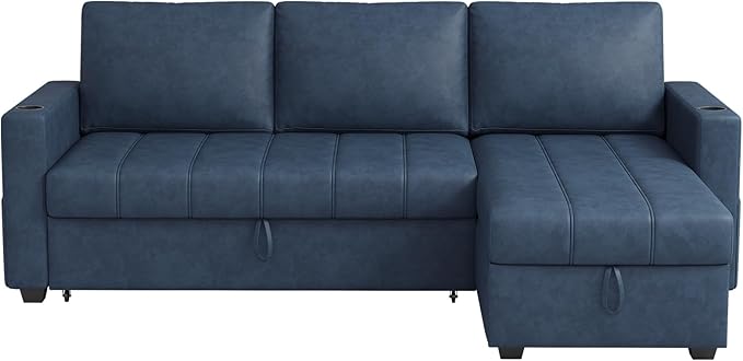 Fadware 89” L Shape Sofa Sleeper Sectional Sofa Bed with Hidden Storage&amp Side Pocket Anti-scratch Faux Leather Couch Bed with ChargePort&amp CupHolder Modern Piano Design Pull Out Couch for Li